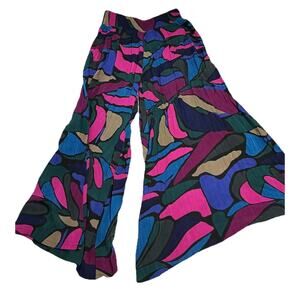 JW Style Palazzo Wide Flowy Pant Med Abstract Print Boho Color Retro Smock Waist